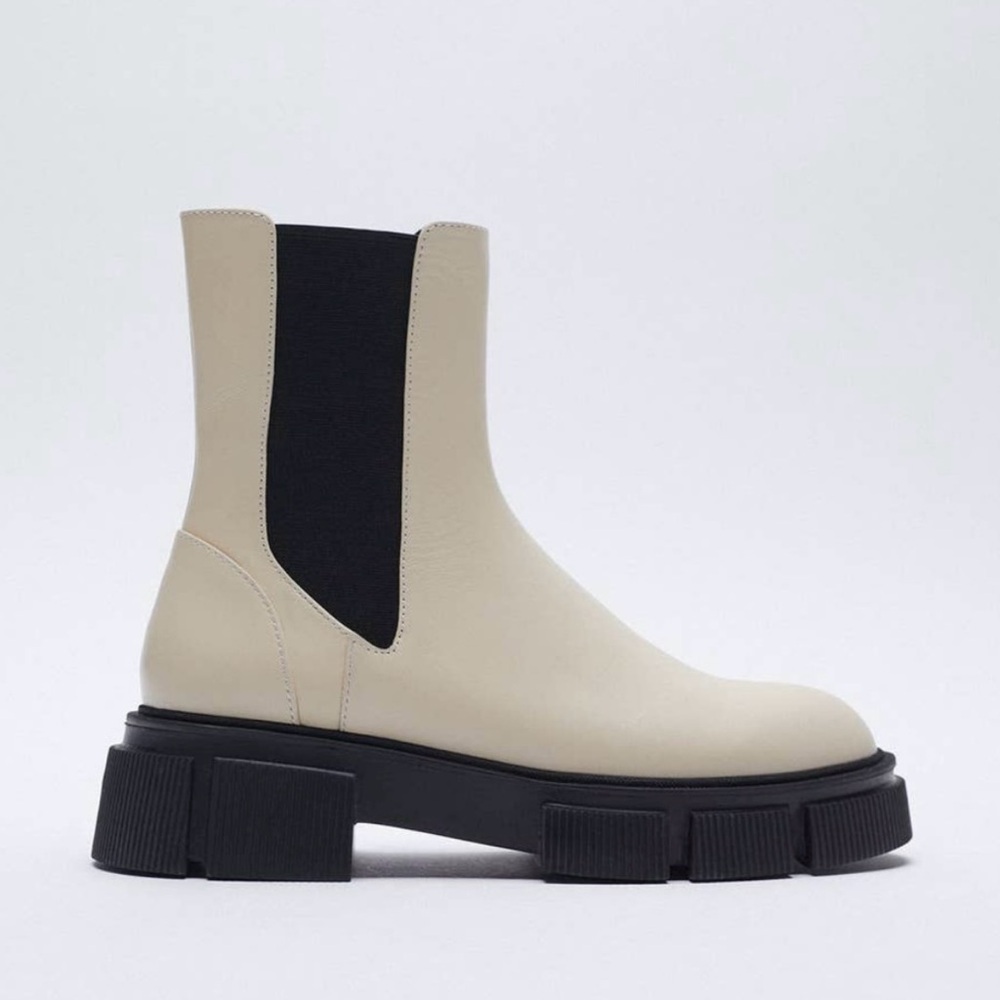 Zara Cream and Black Ankle Boots with Chunky Sole
